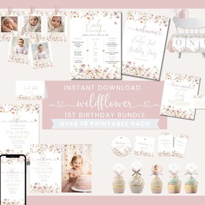 Wildflower Birthday Bundle | Girls First Birthday Invitation Bundle | Girl 1St Birthday | Garden Party | Flower First Birthday Invitation