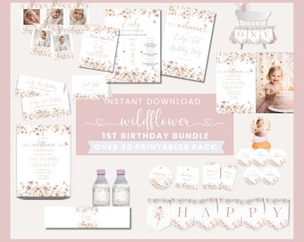 Invitaciones de primer cumpleaños con flores silvestres: más de 30 imprimibles (plantilla de Canva)