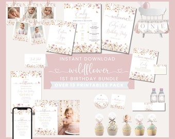 Paquete de invitaciones para el primer cumpleaños con flores silvestres: imprimibles editables