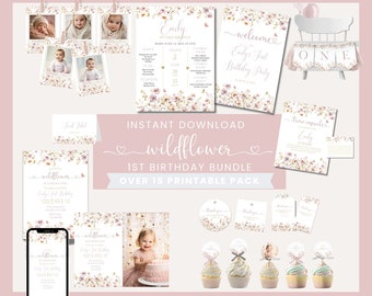 Invitación de primer cumpleaños con flores silvestres: Decoración para fiesta en el jardín (descarga digital)