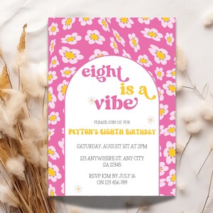Retro Invite | Eight Is A Vibe Birthday Invitation | Editable Eight Is A Vibe Invitation | Birthday Vibe Hippy Eighth Party Invitation Grv