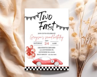 Two Fast Birthday Invitation: Red Race Car, 2nd Birthday (Canva Template)