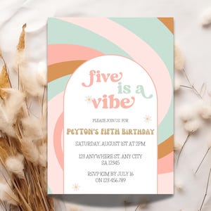 Groovy 5Th Birthday Invitation | Retro 5Th Birthday Invitation | Girl Birthday | Five Is A Vibe Birthday Invitation Template | Hippie Party