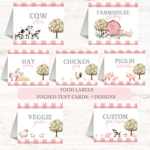 Décorations d'anniversaire de ferme pour filles | Cartes de tente Panneaux alimentaires | Étiquette pour buffet vache-cochon | Cartes de tente de table de dessert Décoration de table de fête d'animaux de ferme