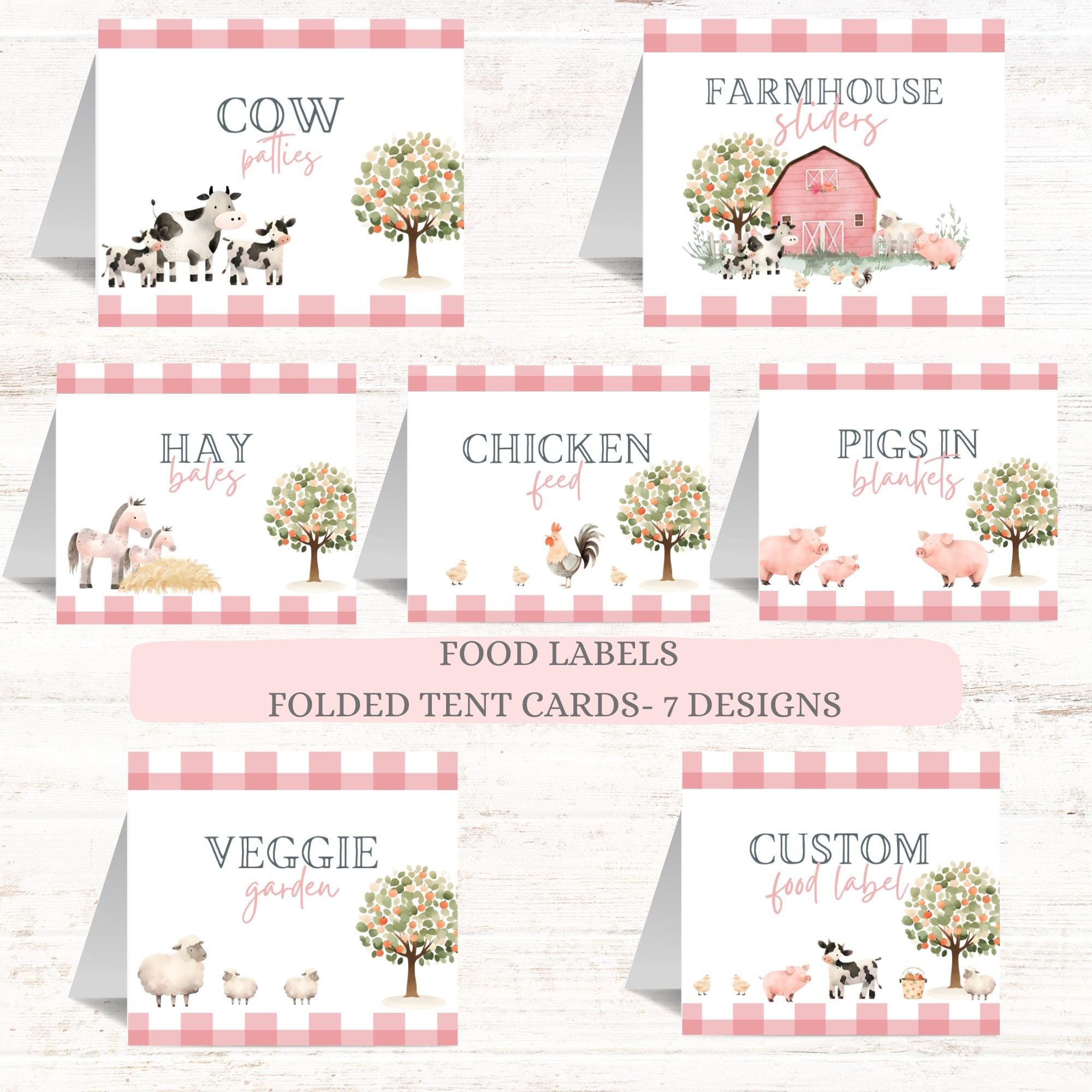 Girl Farm Birthday Food Tent Cards: Pink Barnyard Decor (Digital Download)