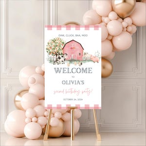Girl Farm Birthday Welcome Sign | Editable Barnyard B&#39;Day Party Welcome Sign | Pink Barn Farm Animals First Birthday | Digital File