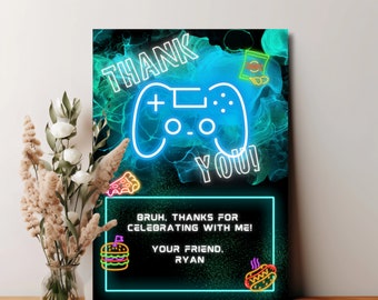 Neon Gamer Thank You Card: Video Game Birthday (Digital Download)
