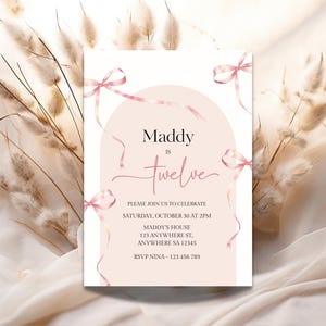 Coquette Pink 12th Birthday Invitation Girl | Mobile 12th Birthday Dinner Invite | Fancy Birthday Invitations Twelfth Sleepover Invitation