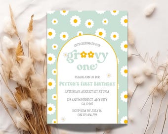 Verjaardagsuitnodiging voor Groovy One: 1e verjaardag retro meisje uit de jaren 70 (digitale download)