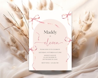 Pink Bow 11th Birthday Invitation: Coquette Party Invite (Digital)