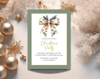 Minimalist Christmas Party Invitation - Bow Accents - Editable Canva Template - Modern Holiday Invite