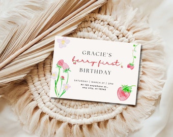 Strawberry First Birthday Invitation: Berry Sweet Theme (Editable Template)