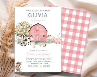 Farm Animals 2nd Birthday Invitation: Pink Barnyard Party (Digital Download)