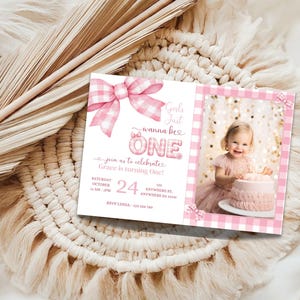 First Birthday | 1St Birthday | Pink Bow | My First Year | Girls Just Wanna Be One | Ribbon Evite | Girl Birthday | Pink Gingham