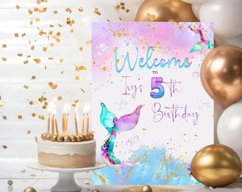 Mermaid Birthday Welcome Sign: Under The Sea Party Decor (Editable Template, Instant Download)