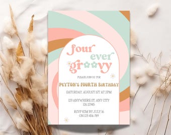 Four Ever Groovy 4e verjaardagsuitnodiging: retro regenboog (bewerkbare sjabloon)