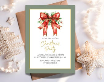 Minimalist Christmas Party Invitation - Bow Accents - Editable Canva Template - Modern Holiday Invite