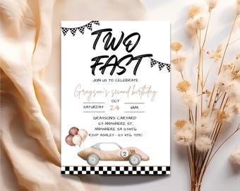 Invitación para el segundo cumpleaños de Two Fast: temática de autos de carreras (plantilla de Canva)