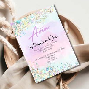 First Birthday Invitation | Pastel Rainbow Birthday Invitation | Our Little Rainbow Baby First 1St Birthday Party | 1St Birthday Girl