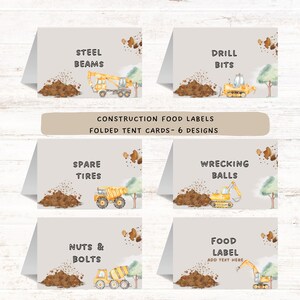 Construction Birthday Party Food Tent Labels: Editable Buffet Cards