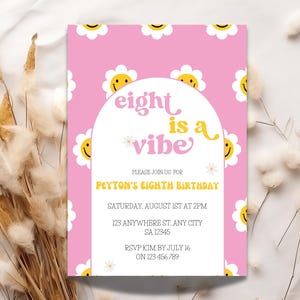 Retro Invite | Eight Is A Vibe Birthday Invitation | Editable Eight Is A Vibe Invitation | Birthday Vibe Hippy Eighth Party Invitation Grv