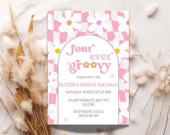 Retro Groovy 4th Birthday Invitation: Editable Daisy Party Invite