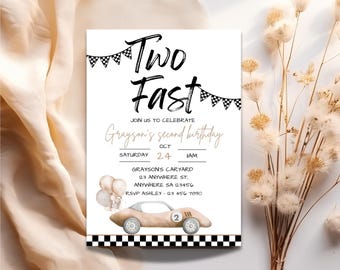 Two Fast 2nd Birthday Invitation: Brown Racing Car (Printable Template)