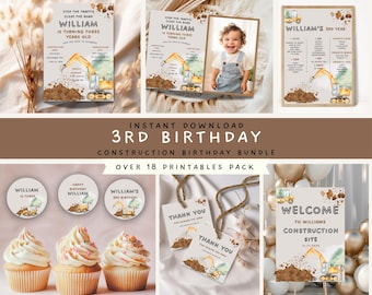 Construction 3rd Birthday Invitation Bundle: Editable Template (Digital Download)