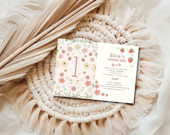 Strawberry First Birthday Invitation: Editable Berry Sweet Template