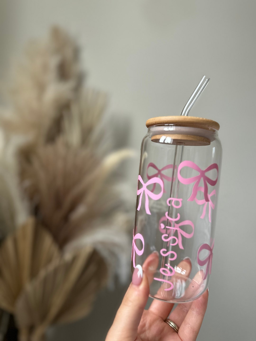 Personalized Bow Glass Can Tumbler. Iced Coffee Cup With Bamboo Lid ...
