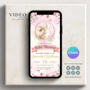 Uitnodiging voor babyshower met klein bloemig konijntje, Canva-sjabloon voor uitnodigingen, bewerkbare uitnodiging voor babyshower met klein konijntje. Geanimeerd konijntje. Konijn