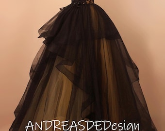 Black scoop tulle wedding dress beaded lace applique ball gown princess prom dress