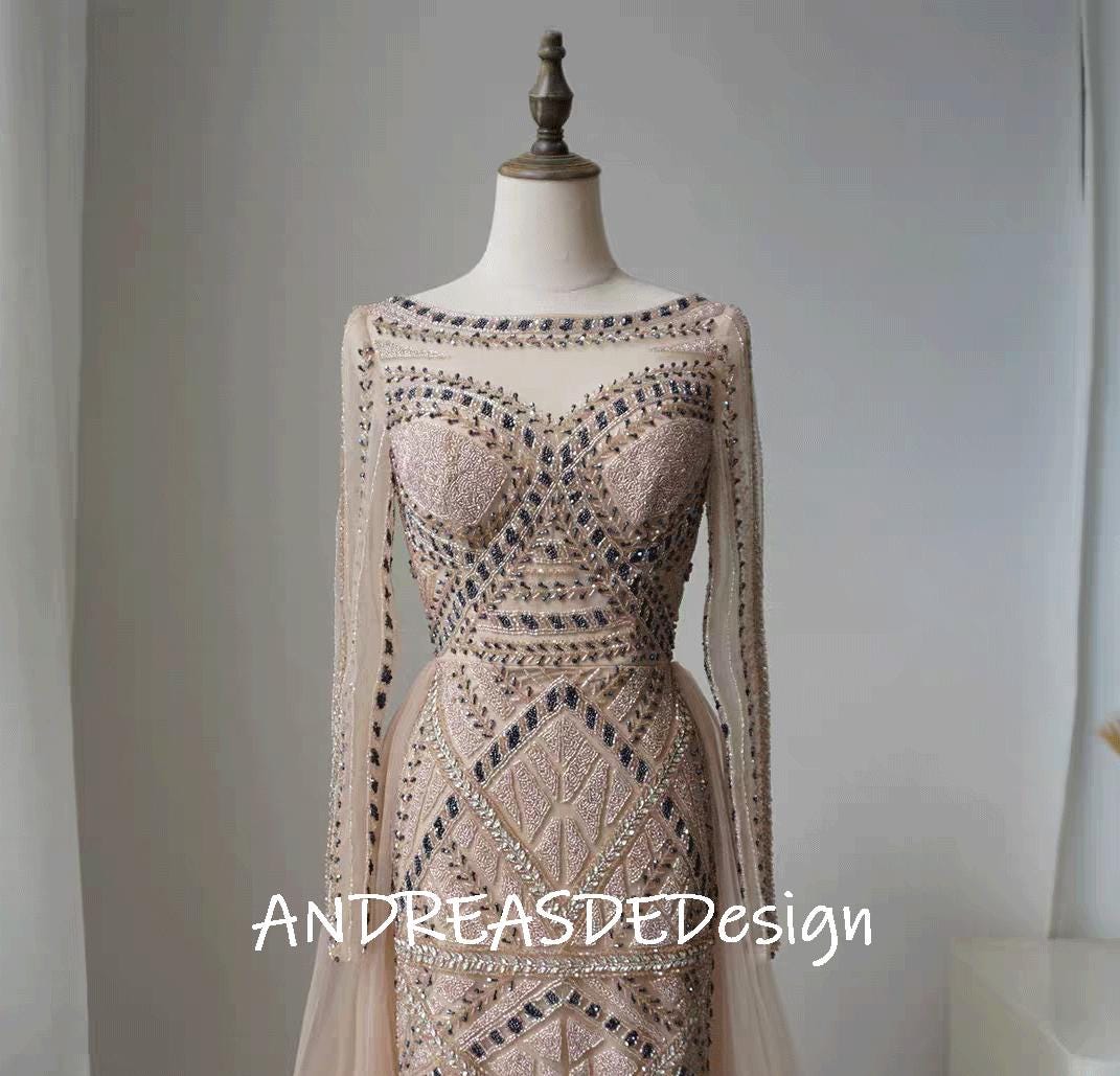 green emerald velvet dress Long Couture Long Sleeve Hand Beaded Formal Dress  The Dress Outlet