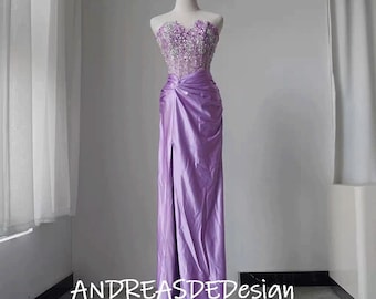 Lilac Sweetheart Stretch satin PROM DRESS,blue Sheath slip party dress