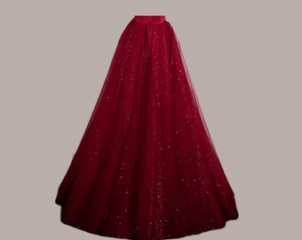 Burgundy tulle skirt,a line party skirt,long evening skirt,handmade skirt