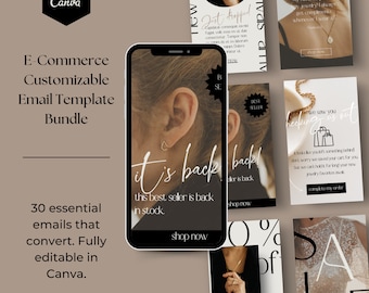 May include: A collection of email templates for e-commerce businesses. The templates feature a variety of designs, including a close-up of a person's ear with earrings, a product announcement, a sale announcement, and a customer service message. The text on the templates includes phrases like "it's back", "best seller", "shop now", and "we saw you checking out".