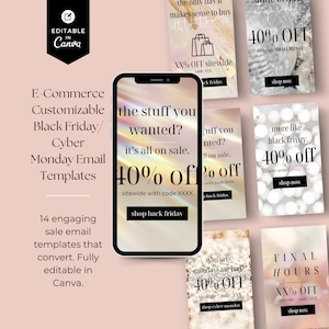 May include: A collection of colorful email templates for Black Friday and Cyber Monday sales. The templates feature a variety of designs with text that says "40% off" and "shop now".