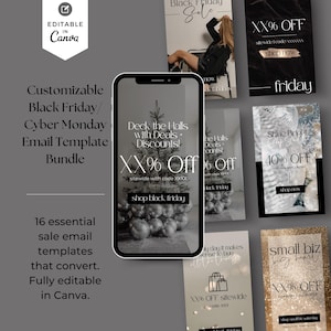 May include: A collection of 10 customizable Black Friday and Cyber Monday email templates for promoting sales. The templates feature a variety of festive designs with text overlays such as "Deck the Halls with Deals. Discounts!" and "Shine Bright 40% OFF".