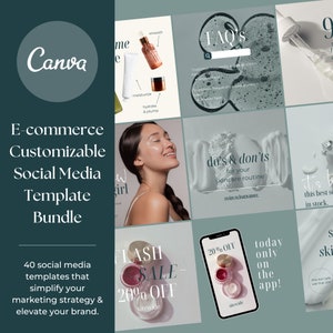 May include: A set of nine social media templates for an e-commerce business selling skincare products. The templates feature a variety of designs, including a woman with glowing skin, a product image with a sale announcement, and a graphic with the text "do's & don'ts for your skincare routine".