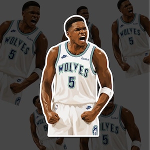 May include: A sticker featuring a basketball player in a white Minnesota Timberwolves jersey with the number 5 and the word WOLVES printed on the front. The player has a focused expression with an open mouth and clenched fists in a celebratory pose.