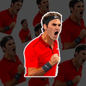 Puede incluir: Una ilustración digital de un jugador de tenis que lleva una camiseta roja con un logotipo de Nike blanco, una diadema negra y una muñequera Nike blanca. El jugador levanta su puño derecho en el aire y tiene una expresión decidida en su rostro. El fondo es un collage del mismo jugador en diferentes poses.