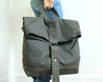 Olive Waxed Canvas Multiway Backpack, Crossbody Convertible Messenger Tote, Handmade