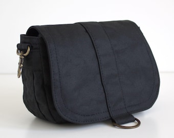 Minimalist Black Crossbody Bag – Small Waxed Canvas Shoulder Bag – Lightweight Travel Purse – Everyday Utility Satchel - Handmade in England