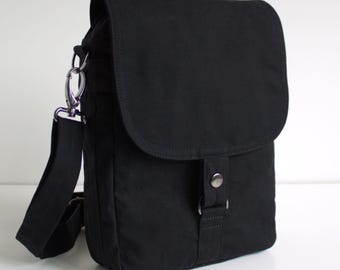 Black Waxed Canvas Tablet Messenger Bag, Crossbody Travel Bag