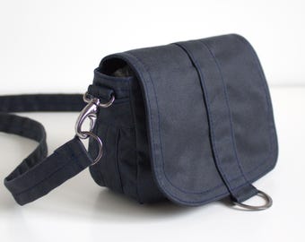 Navy Waxed Canvas Saddle Bag, Small Crossbody Hip Bag Convertible