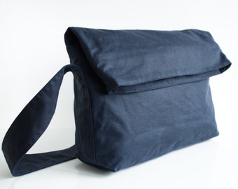 Navy Waxed Canvas Fold Top Messenger Bag, Unisex Shoulder Bag