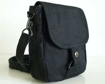 Black Waxed Canvas Convertible Travel Pouch, Vegan Crossbody Bag