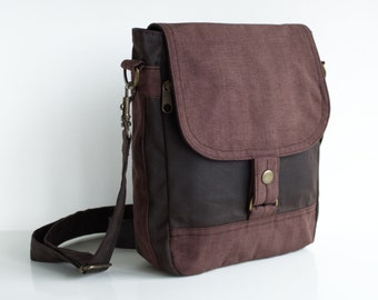 Brown Waxed Canvas Tablet Messenger Bag, Handwoven Organic Cotton, Vegan
