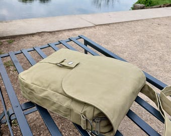 Beige Waxed Canvas Tablet Messenger Bag, Unisex Crossbody Gadget Bag