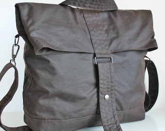 Custom Brown Waxed Canvas Rucksack, Convertible Backpack Messenger Tote, Handmade